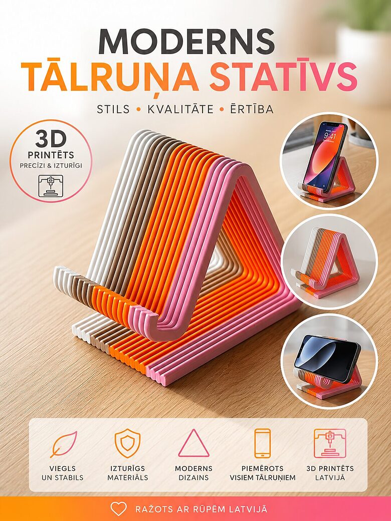 “3D printēts telefona turētājs – moderns galda statīvs”