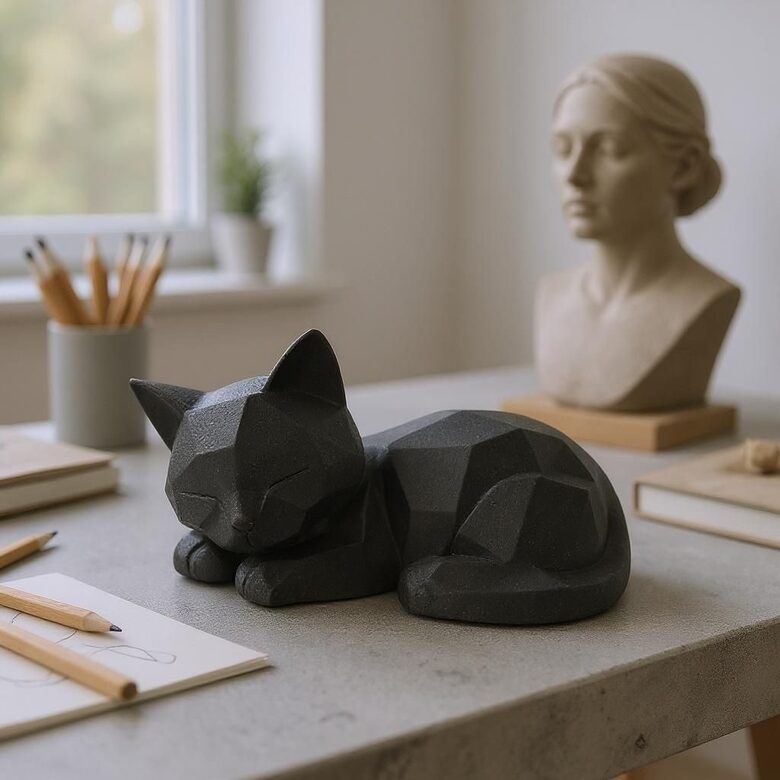 3D drukāta Low-Poly kaķa figūra – moderns galda dekors